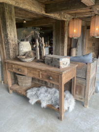 Oud houten werkbank oude fabriekstafel sidetable werktafel buitenkeuken keukeneiland sideboard winkelkast winkeltafel landelijk stoer industrieel urban sleets vintage lades 165 x 61 x H90 cm met onderplank vintage