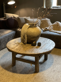 Prachtige oude ronde vergrijsd houten salontafel stoer landelijk industrieel vintage