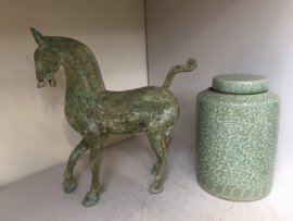 Groot Metalen paard paardje horse pferd metaal “ oud brons bronzen “ kleur groen beeld beeldje