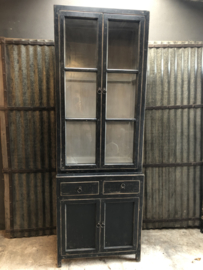 Mooie grote hoge kast met glas servieskast 225 x 78 x 50 cm vitrinekast keukenkast zwart hout landelijk stoer industrieel