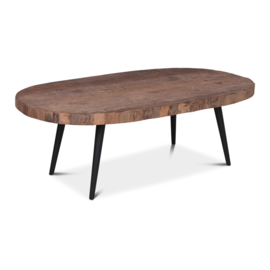 Ovale ovaal vergrijsd houten salontafel bijzettafel 130 x 70 cm bassano met zwart metalen voet landelijk stoer industrieel