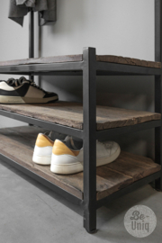 Oud houten staande kapstok met bankje legplanken schoenenrek SEP 190 x 90 x 37 cm kast halbankje halkast kast landelijk stoer industrieel