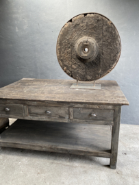 MEGAgroot orgineel oud vergrijsd doorleefd houten wiel ornament rond H103 x B96 cm raamdecoratie op voet eye-catcher landelijk industrieel stoer