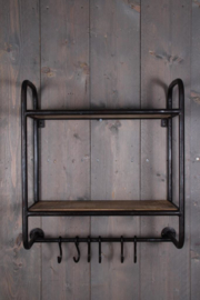 Metalen wandrek keukenrek wandkapstok kapstok rek rekje schap 55 x 24 x H58 cm met houten planken en haakjes landelijk industrieel