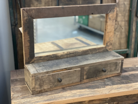 Oud vergrijsd houten spiegel wandrek console met 2 lades badkamer spiegel toilet hal landelijk stoer vergrijsd truckwood