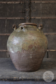 Mooie oude antieke stenen geglazuurde kruik pot vaas met oren H45 x 40 cm
