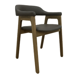 Mooie vergrijsd houten stoel met bruin taupe  (stoffen/kunstleer) zitting landelijk eetkamerstoel eetkamerstoelen
