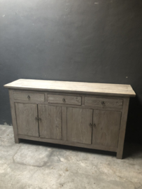 Oude licht vergrijsd houten kast 170 x 45 x H92 cm  dressoir Werkbank sideboard Sidetable ladekast deurtjes landelijk sober stoer