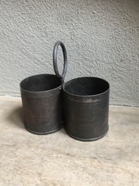 duo 2 bakjes Stoere metalen bakjes met hengsel bottle holder Duobak duobakje bestekbak wijnfles wijnrek flessenhouder bestekbak pot bak landelijk industrieel