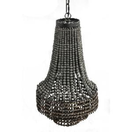 Grote stoere vergrijsde grijszwarte Metalen kroonluchter  hanging lamp hanglamp with beads met houten kralen landelijk stoer industrieel urban PTMD kroonluchter