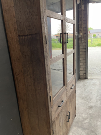 Grote teakhouten truckwood kast keukenkast vitrinekast Miami servieskast hout houten glas landelijk industrieel 200 x 100 x 45 cm Railway