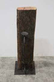 Stoere robuuste vloerkandelaar 90 cm biels balk landelijk industrieel vintage robuust metalen kandelaar op grove oude houten balk