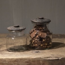 Glazen voorraadpot pot potje met grijs grey houten deksel landelijk stoer S small klein 14 x 12 cm