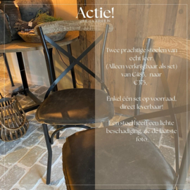 Actie! Set van 2 echt leren stoere zwarte houten stoelen metaal leer stoel