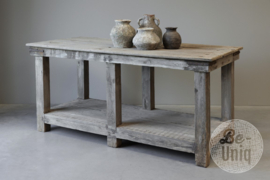 Authentieke oude vergrijsd houten fabriekstafel Sidetable kookeiland atelier winkelkast 188 x 90 x H92 cm kookeiland werkbank keukeneiland keukenblok werktafel atelier stamtafel sta-tafel hangtafel bar bartafel winkel tafel landelijk stoer industrieel