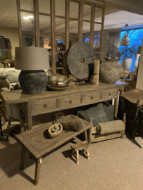 Oude lange vergrijsd doorleefd houten haltafel 221 cm tafel ladekast sidetable ladenkast la  laden werktafel stoer boeren kast buro bureau wastafel eiland landelijk badmeubel industrieel werktafel werkbank