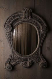 Prachtige grote Houten spiegel osseoogspiegel osseoog ossenoog oeil de boeuf landelijk mat grijs beige vergrijsd hout