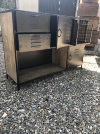 Zwart metalen kast kastje met houten blad dressoir locker 128 x 40 x H90 cm industrieel sidetable ladenkast