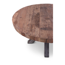 Prachtige grote houten ronde eettafel tafel rondetafel teakhouten teakhout houten blad 136 cm ijzeren onderstel landelijk stoer industrieel bassano
