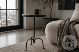 Houten bijzettafel bijzettafeltje banktafeltje bed tafeltje rond vergrijsd houten blad zwart metalen onderstel landelijk stoer industrieel vintage urban truckwood Railway SEP collectie