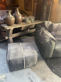 zwart Grijs beige leren poef hocker vierkant vergrijsd stone wash lounge kussen leer voetenbank rond