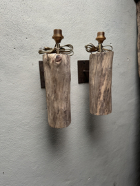 Vergrijsd houten wandlamp wandlampje wandlampen wandlampjes stronk landelijk stoer vintage