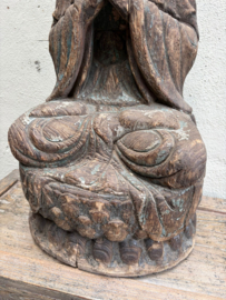 Prachtig groot vintage oud vergrijsd doorleefd houten boedha buddha beeld hout