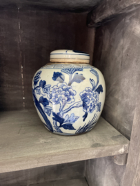 Oud stenen pot met deksel rond blauw wit