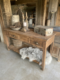 Oud houten werkbank oude fabriekstafel sidetable werktafel buitenkeuken keukeneiland sideboard winkelkast winkeltafel landelijk stoer industrieel urban sleets vintage lades 165 x 61 x H90 cm met onderplank vintage