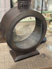 Bruine ronde metalen lantaarn windlicht stoer landelijk vintage