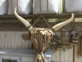 Groot Oud vergrijsd houten drijfhout drijfhouten driftwood kop hoofd buffel ossenkop gewei schedel koe rund vergrijsd hout  hoorns