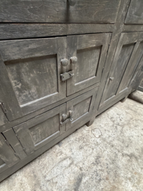 Grote lange grijze vergrijsd houten kast dressoir keukenblok werkbank L275 x D46 x H91 cm