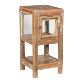 Oud houten wandkastje vitrine vitrinekastje kastje showcase nachtkastje landelijk tafel tafeltje stoer halkastje nachtkastje showkastje  brocant sleets doorleefd vintage industrieel vergrijsd hout