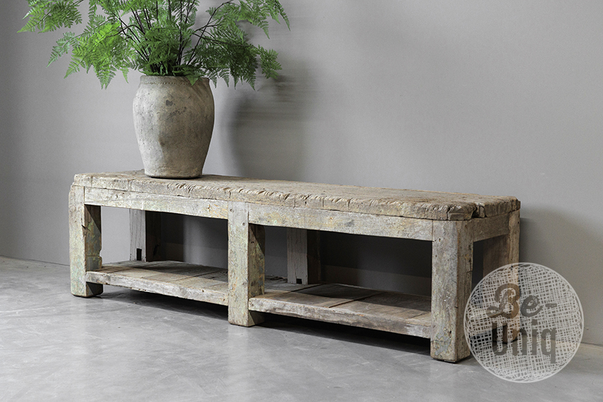 Hele gave oude vergrijsd houten lage workmate werkbank tv audio meubel televisie kast wandmeubel sidetable 183 x 40 x H50 cm landelijk stoer robuust