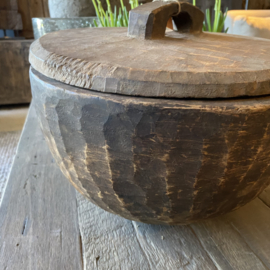 Oude stoere ronde Ronde bak vergrijsd houten hout bruin pot L schaal kom met deksel landelijk stoer