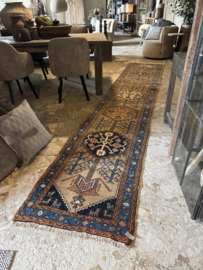 Hoffz Prachtige oude loper 440 x 82 cm antiek blauw terra vintage tapijt Perzisch wandkleed kelim  vloerkleed vintage