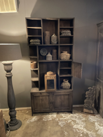 Unieke oude vergrijsd houten kast keukenkast servieskast art deco stijl winkelkast potten landelijk stoer 204 x 92 x 30 cm verzameling vitrine vakken
