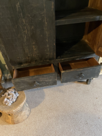Prachtige oud zwarte houten 2 deuren en 2 laden kast grote kast 220x130x50cm stoer landelijk robuust industrieel