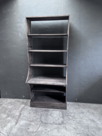 Grote vergrijsd houten boekenkast rek kast schap 230 x 93 x 53 cm wandrek buro bureau werkplek servieskast landelijk stoer sober