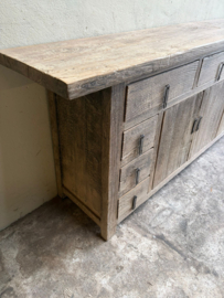 Prachtig groot lang oud vergrijsd houten dressoir televisie kast tv meubel 264 cm lang landelijk sober werkbank Sidetable keukenblok wandkast 149