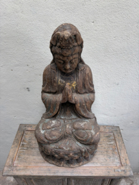 Prachtig groot vintage oud vergrijsd doorleefd houten boedha buddha beeld hout