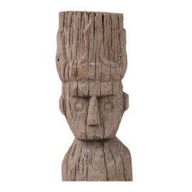 Oud hoog vergrijsd houten beeld pop man op voet landelijk stoer sober 85 cm