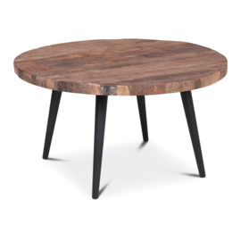 Ronde vergrijsd houten salontafel bijzettafel 80 cm bassano met zwart metalen voet landelijk stoer industrieel