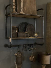 Metalen wandrek keukenrek wandkapstok kapstok rek rekje schap 55 x 24 x H58 cm met houten planken en haakjes landelijk industrieel