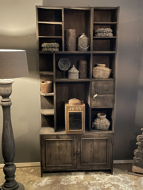Unieke oude vergrijsd houten kast keukenkast servieskast art deco stijl winkelkast potten landelijk stoer 204 x 92 x 30 cm verzameling vitrine vakken