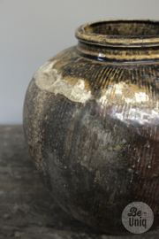 Mooie oude stenen geglazuurde kruik pot vaas H32 x 36 cm origineel oude zoutpot