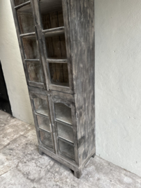 Oud naturel vergrijsd houten hoge kast vitrinekast keukenkast servies winkelkast wandkast wandmeubel landelijk vintage H235 x B78 x D43 cm
