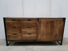Stoer industrieel houten kastje kast dressoir schuifdeur sidetable 6 lades 180 x 90 x 40 cm vintage