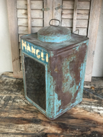 Landelijke oude metalen lantaarn windlicht theelicht blauw blauwe kandelaar metaal vintage industrieel mint mintgroen turkoise