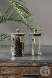 Glazen schaal glaspot met vergrijsd houten deksel en lepeltje landelijk H19 x 12 cm Buren
